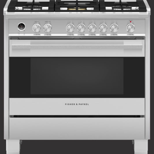 36" Contemporary Dual Fuel Range, 5 Burner, Self-Cleaning, with Hob Rail, Stainless Steel
